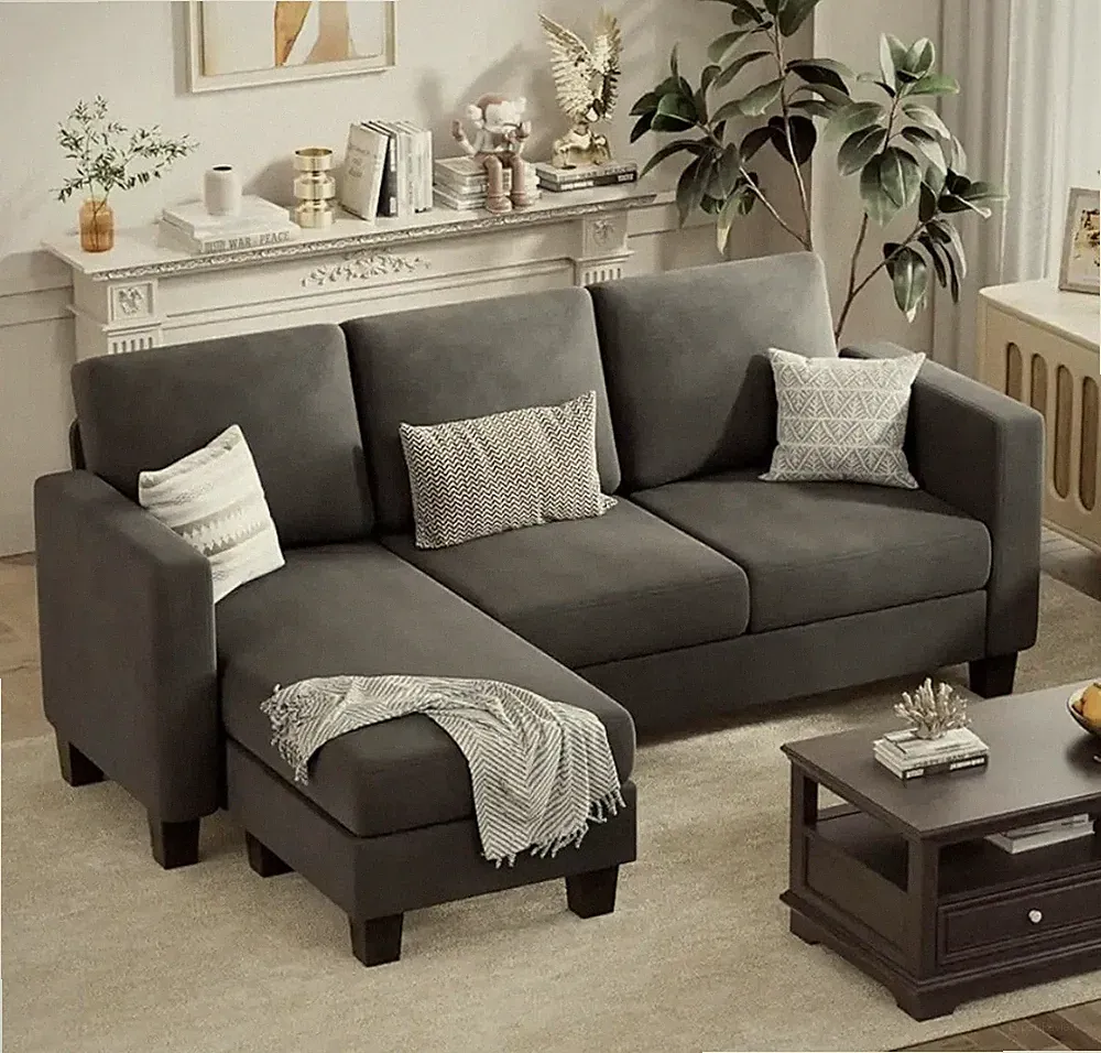 3 Seat L-Shaped Sofa With Linen Fabric Sectional Sofa Couch Movable Ottoman