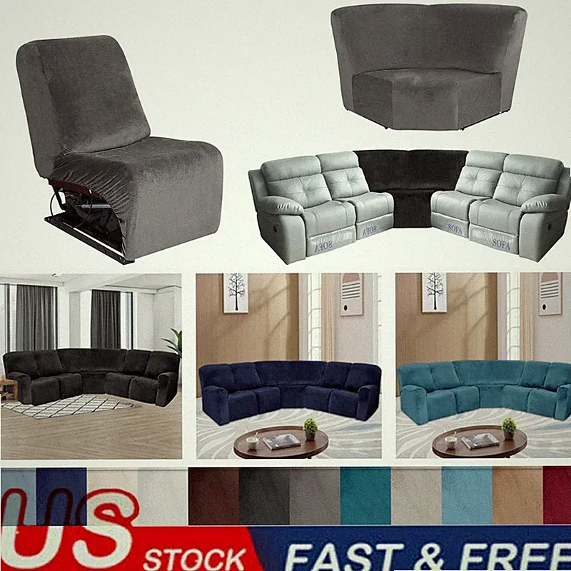 5-Seater Recliner Sofa Velvet Stretch Covers Curved L-Shaped Sectional Slipcover
