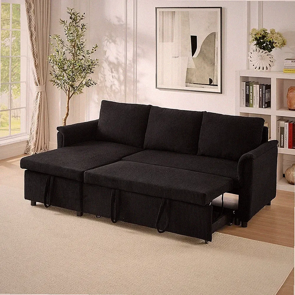 77" L-Shaped Corduroy Sofa with Pull-Out Bed & Storage Chaise, Black