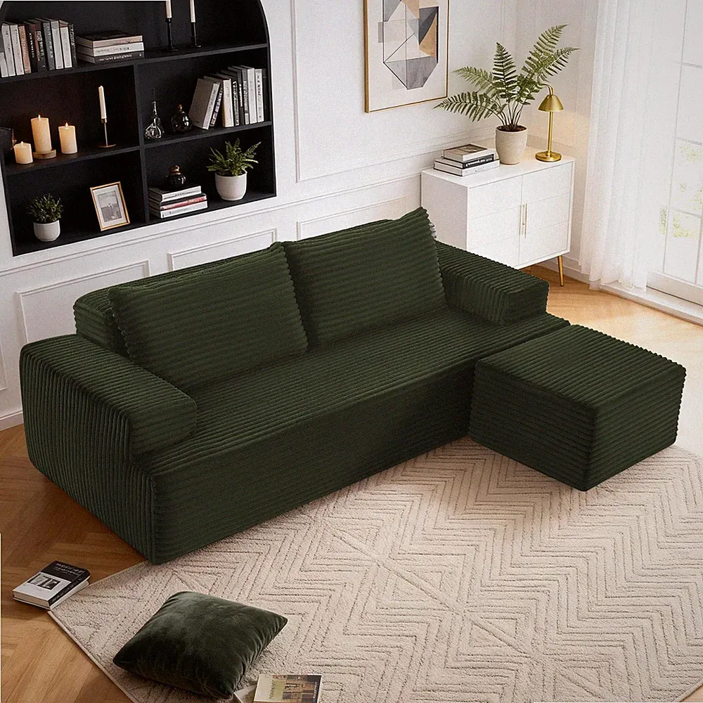 83.5"L-Shape Modular Sectional Sofa Corduroy Boneless Couch with Movable Ottoman