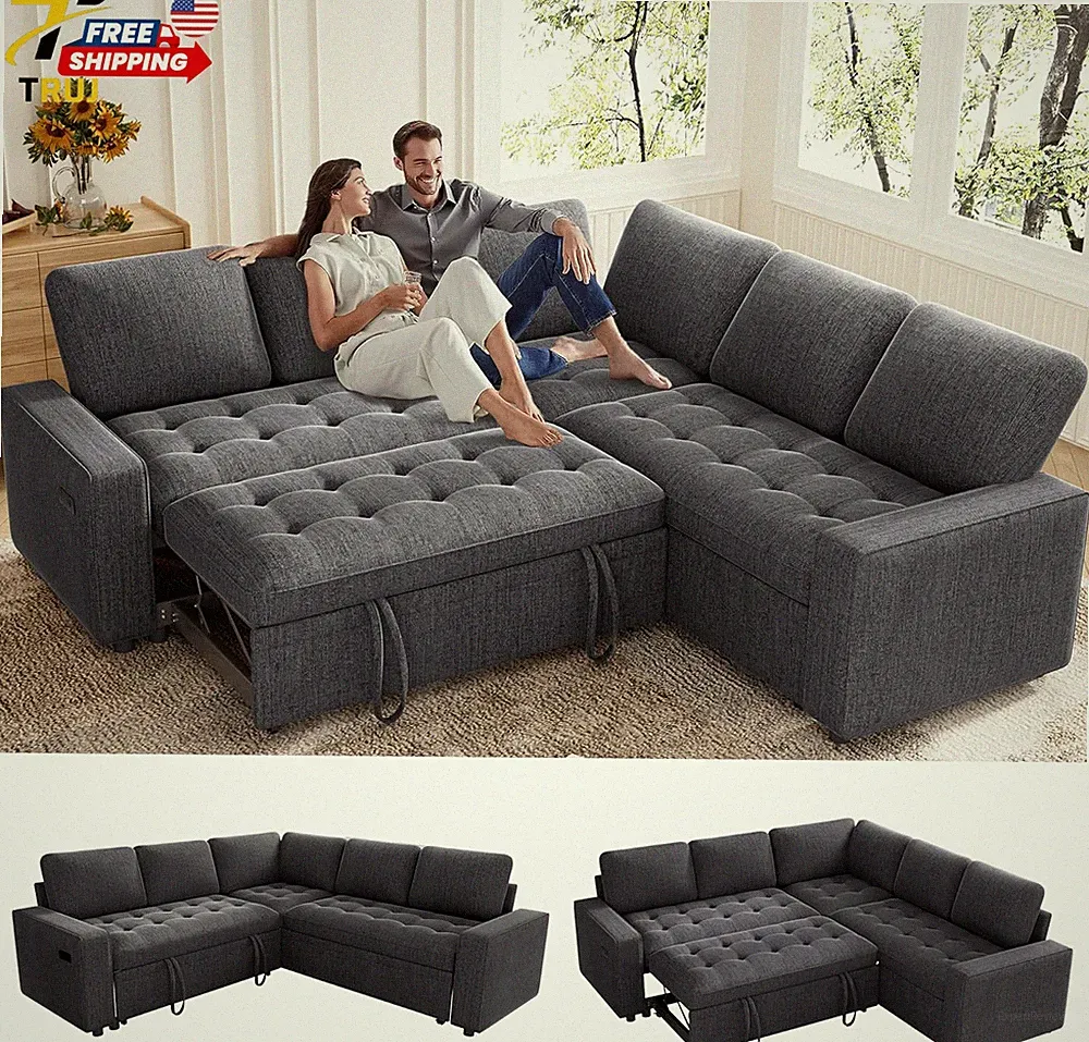 85" Modular Sectional Sofa Bed with USB Reclining Backrest Storage Dark Grey NEW