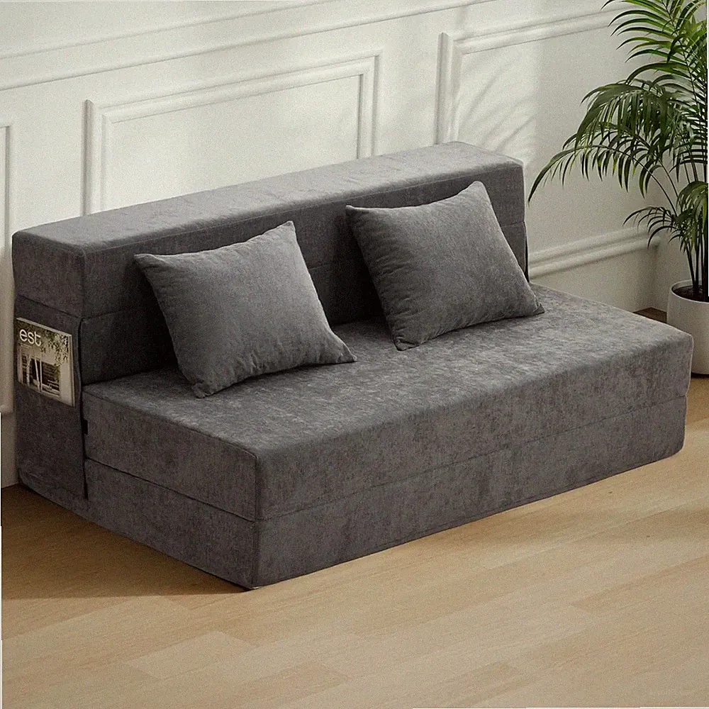 Convertible Folding Sofa Bed with Pillow - Queen Size Grey Futon Couch