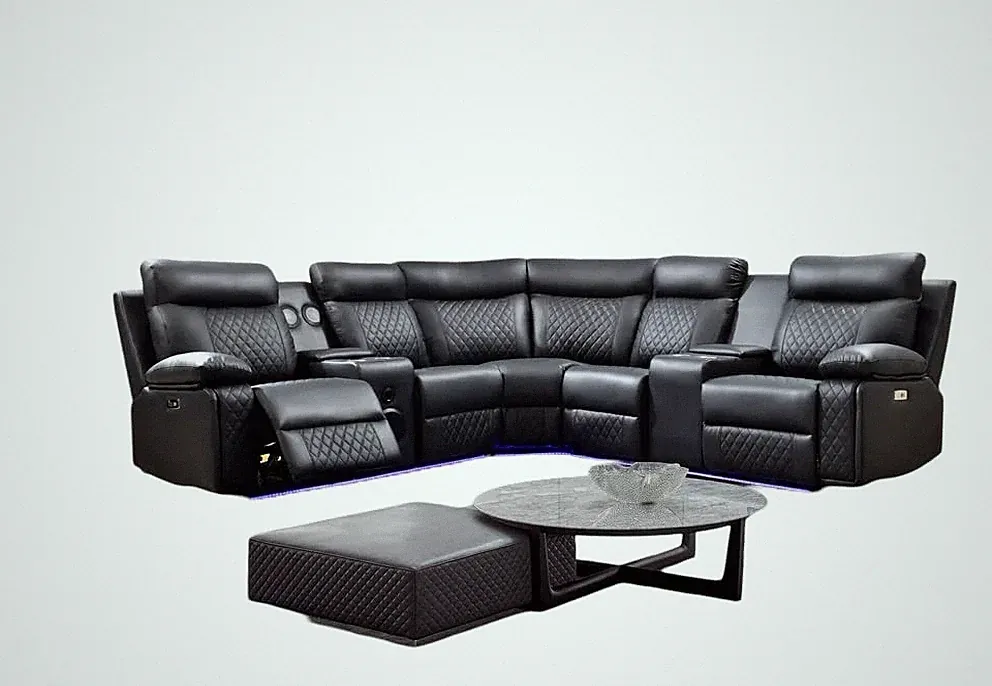 Dona Leather Sectional Sofa - Modern LED Lighting L Shaped Couch Bluetooth Black