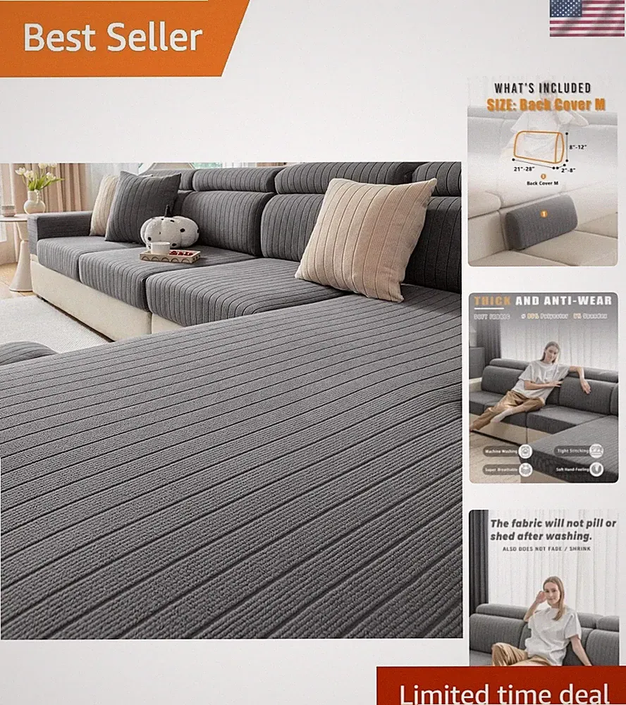 Durable and Elegant Grey Anti-Slip Sofa Covers for L-Shaped Couches - 3 Pieces