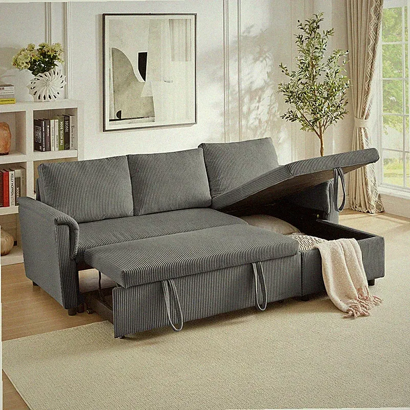 L-Shape Sleeper Sectional Sofa,Convertible Couch Bed with Storage Chaise,Gray