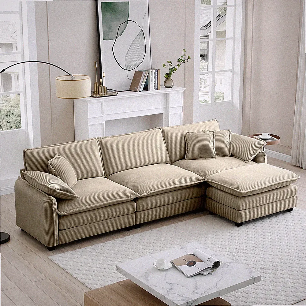 L-Shape Tan Corduroy Reclining Sectional Sofa with Ottoman, 3-Seater