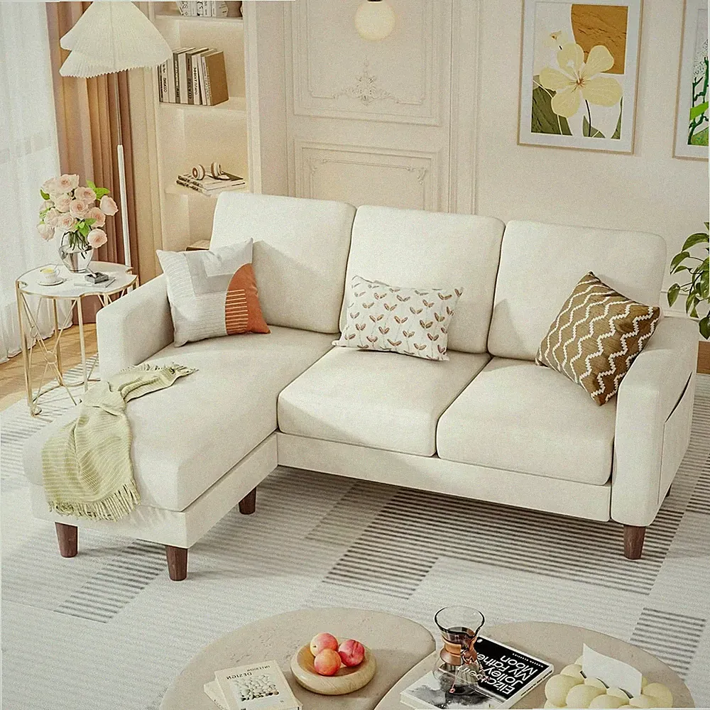 L Shaped Sectional Couch with Movable Ottoman, 3-Seater Convertible Sofa with Si