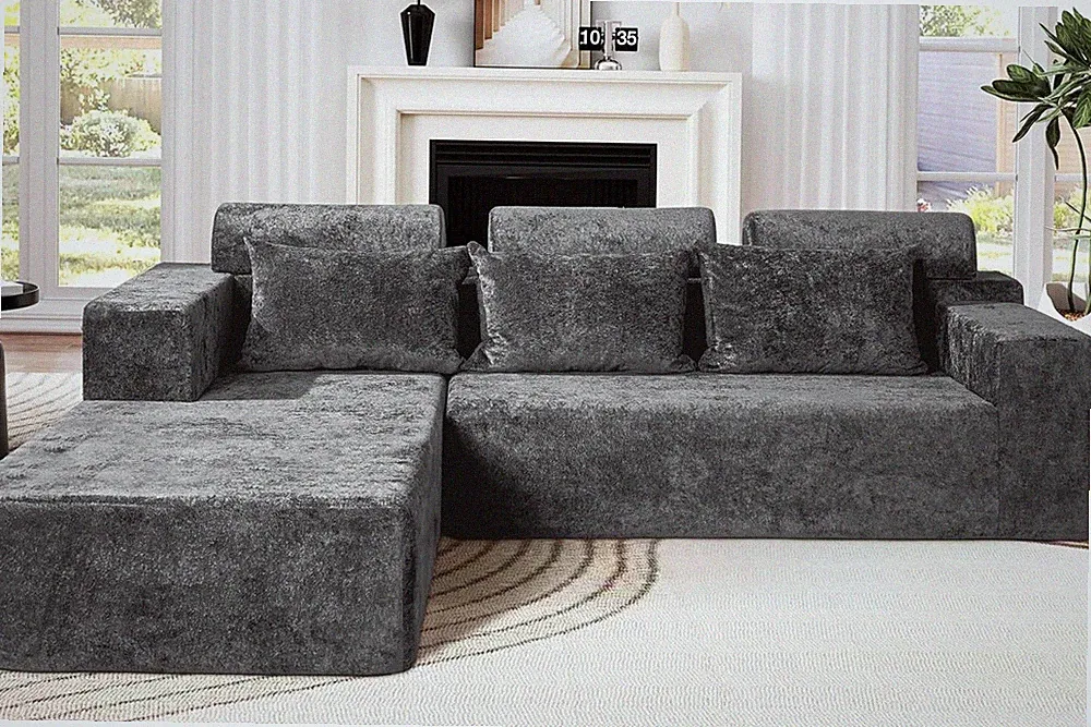 Luxury 105" Modular Cloud Couch with L-Shaped Chaise in Grey Velvet