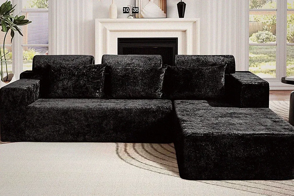 Luxury Black Modular Sectional Couch with L-Shape Chaise - No Assembly Needed