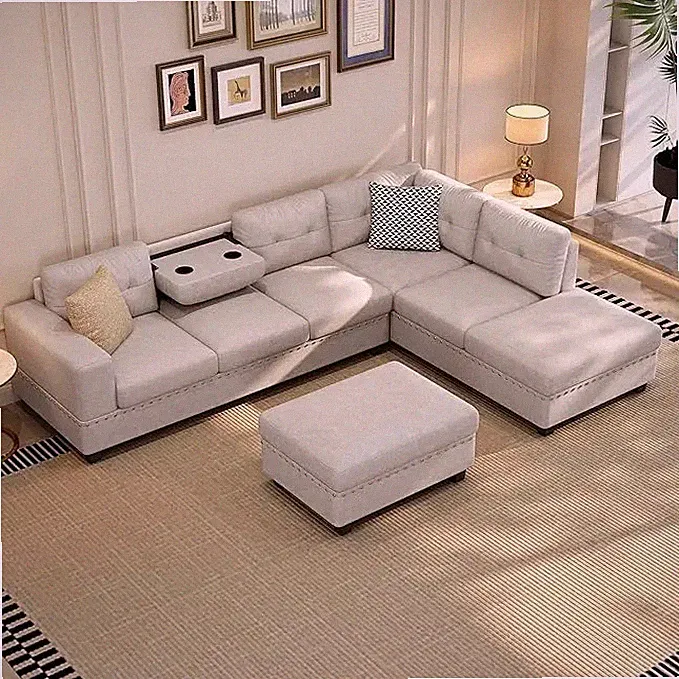 Modern Sectional Sofa w/ Storage Ottoman, L Shaped Couch 2 Pillows 2 Cup Holders