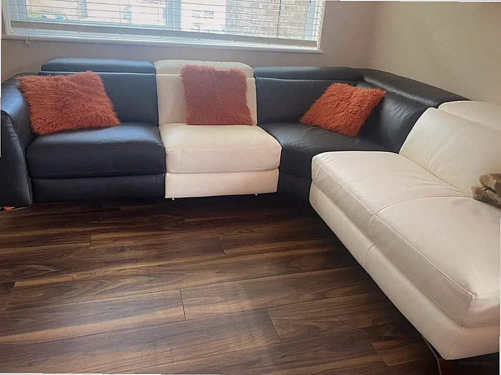 NATUZZI CREAM & BLACK LEATHER L SHAPED SOFA with ELECTRIC RECLINER -STUNNING!