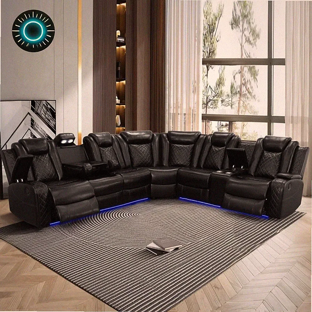 Power Recliner Sectional Sofa with LED Power Reclining Sectional Couch Breathing
