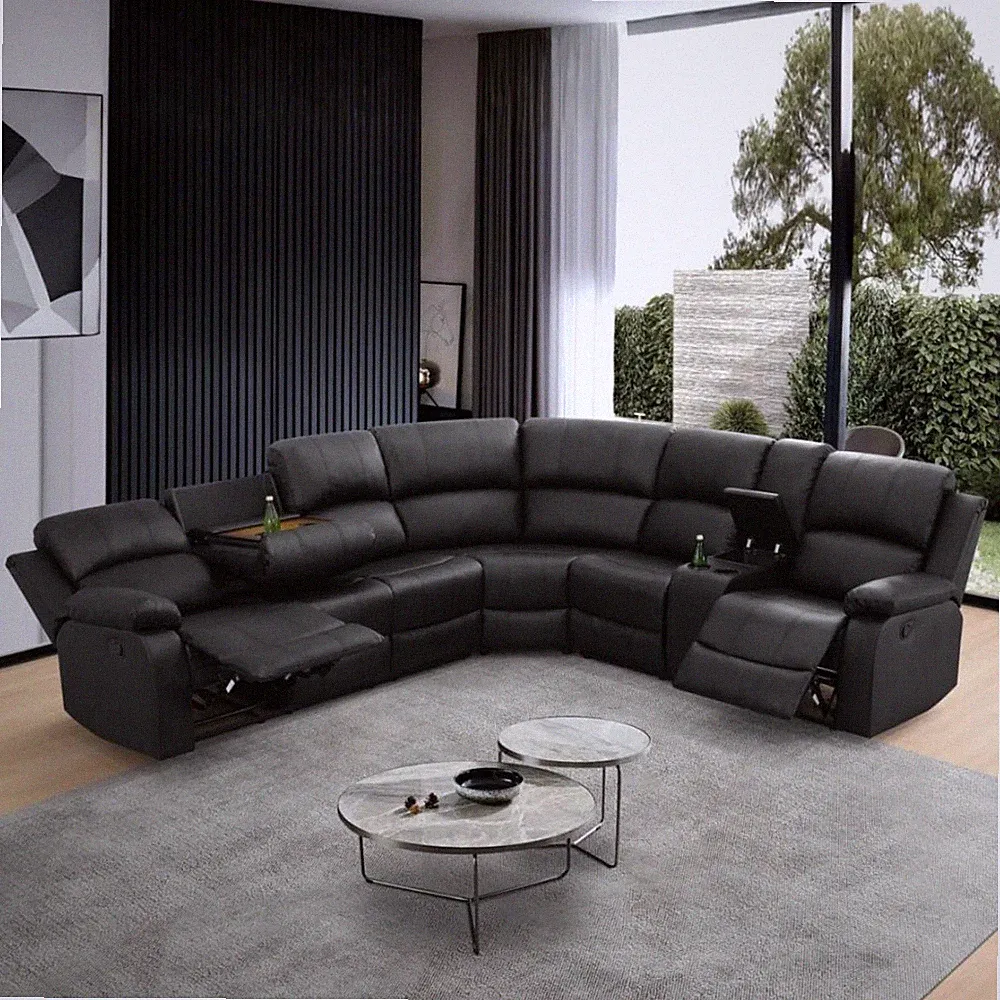 Stylish L-Shaped Reclining Sofa Set with Cup Holder & Storage - Black Leather